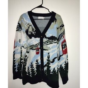 Topman Mens Mountain‎ Scenic Cable Car Knit Cardigan Sweater Blue Green Medium